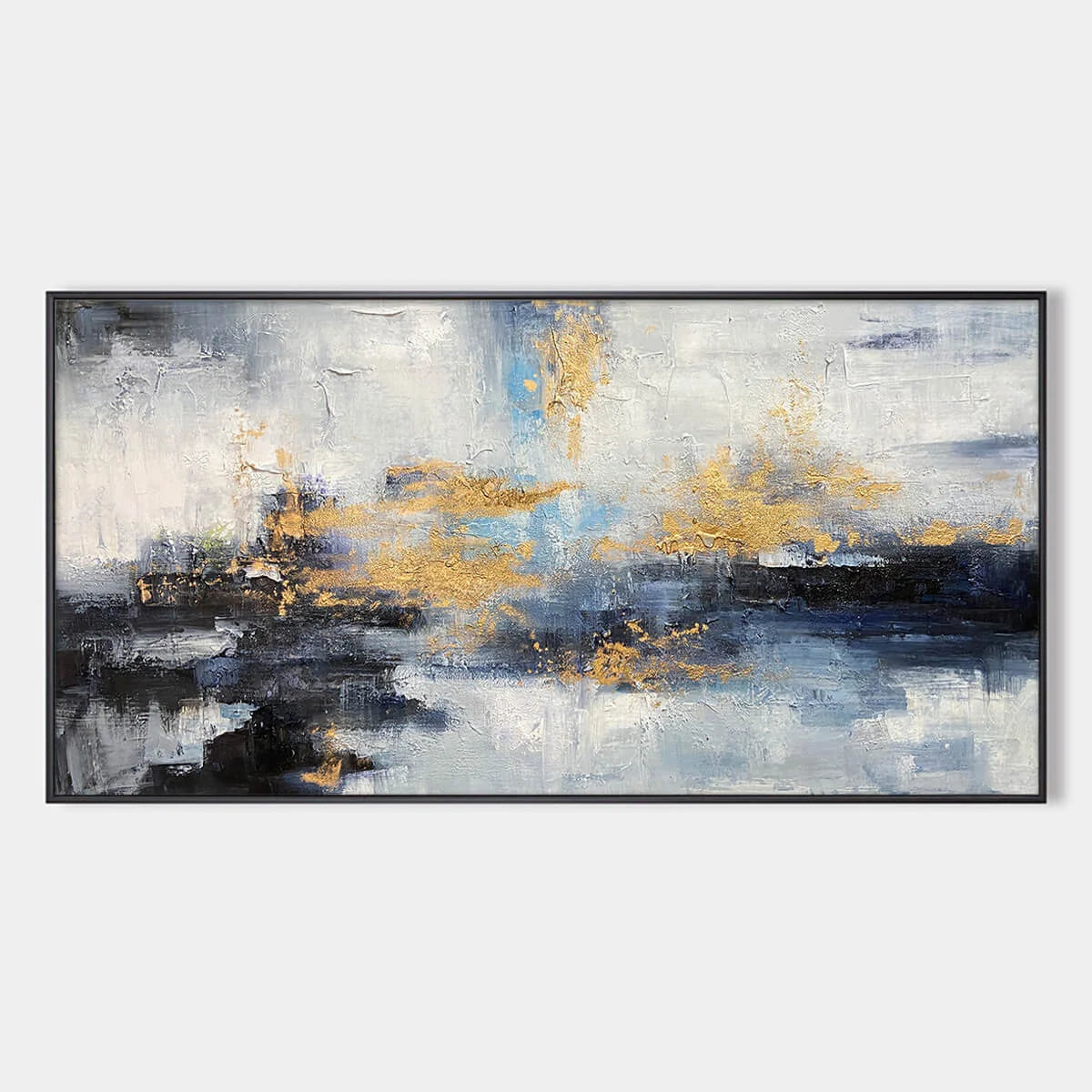 AZURE DREAM: Abstract Blue and Gold Oil Painting | hanging in Abstract oil painting in layered blue, turquoise, and metallic gold tones that evokes a serene, dreamlike coastal atmosphere with subtl...