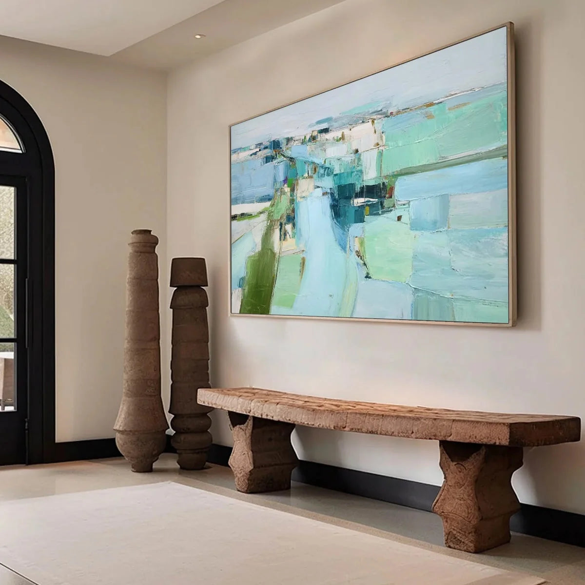 AZURE DREAM: Textured Abstract Landscape Oil Painting | gold frame stretched on neutral wall