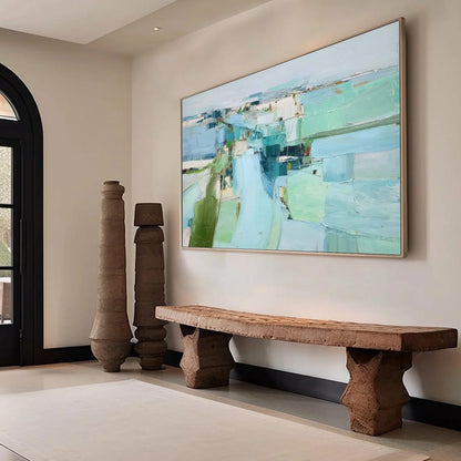 AZURE DREAM: Textured Abstract Landscape Oil Painting | gold frame stretched on neutral wall