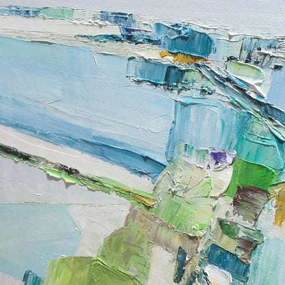 AZURE DREAM: Textured Abstract Landscape Oil Painting | black frame version on white wall