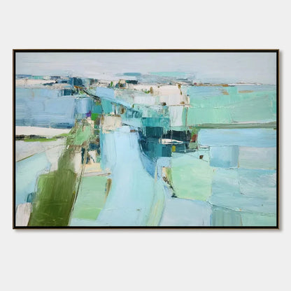 AZURE DREAM: Textured Abstract Landscape Oil Painting | hanging in Textured abstract landscape oil painting in soft blue, turquoise, and gold tones; suggests a dreamy horizon with gentle layered br...