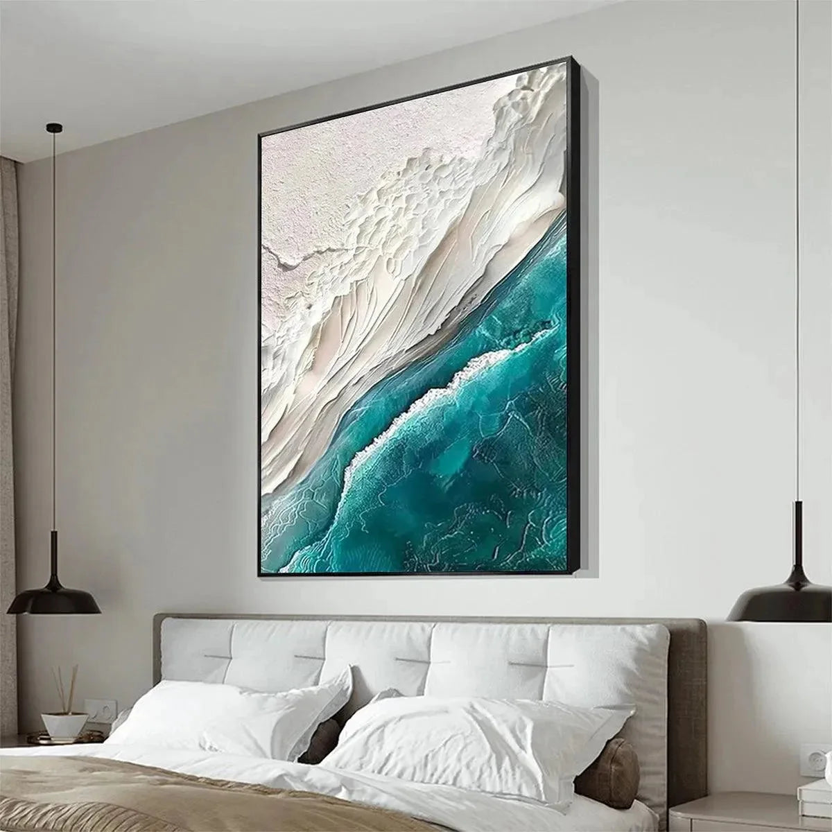 AZURE DREAM: Textured Abstract Seascape, Teal and White Wall Art, Vertical Canvas, Coastal Decor | Abstract closeup, raised brushwork detail