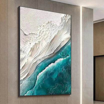 AZURE DREAM: Textured Abstract Seascape, Teal and White Wall Art, Vertical Canvas, Coastal Decor | gold frame stretched on neutral wall