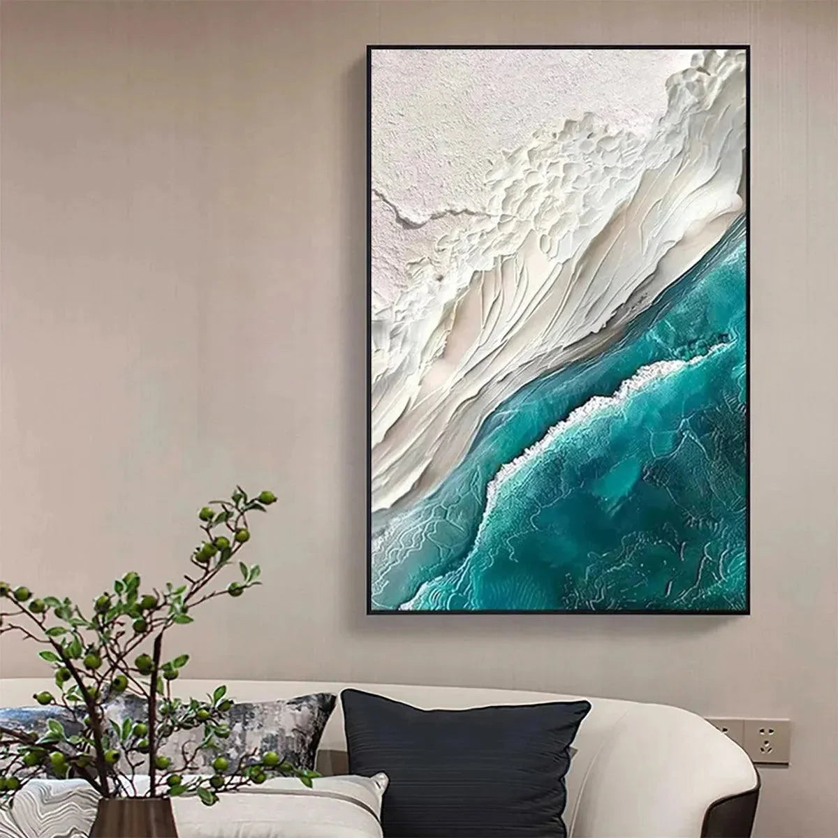 AZURE DREAM: Textured Abstract Seascape, Teal and White Wall Art, Vertical Canvas, Coastal Decor | rolled canvas, ready for custom framing