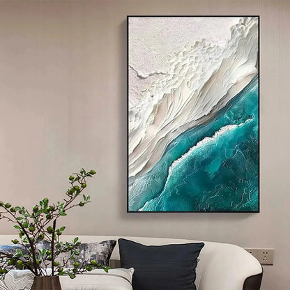 AZURE DREAM: Textured Abstract Seascape, Teal and White Wall Art, Vertical Canvas, Coastal Decor | rolled canvas, ready for custom framing