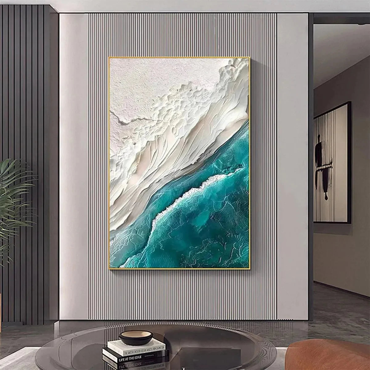 AZURE DREAM: Textured Abstract Seascape, Teal and White Wall Art, Vertical Canvas, Coastal Decor | Abstract mood, soft natural light studio shot