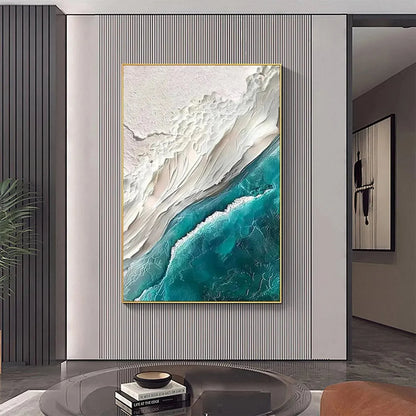 AZURE DREAM: Textured Abstract Seascape, Teal and White Wall Art, Vertical Canvas, Coastal Decor | Abstract mood, soft natural light studio shot