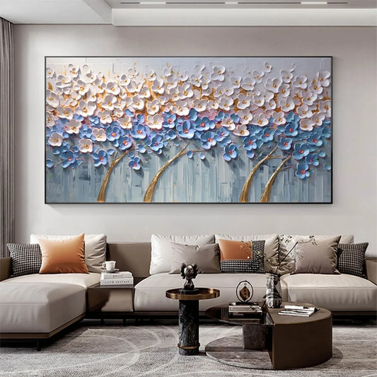 AZURE DREAM: Textured Floral Landscape Oil Painting in Blue, White, and Gold