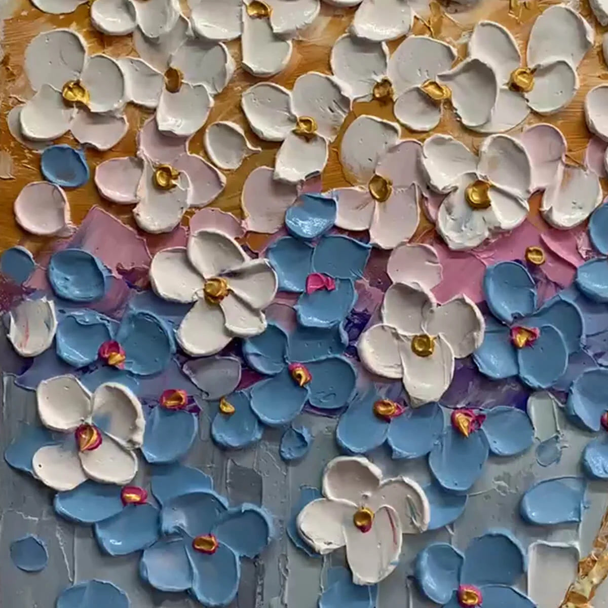 AZURE DREAM: Textured Floral Landscape Oil Painting in Blue, White, and Gold | rectangular format, hand-painted canvas edge