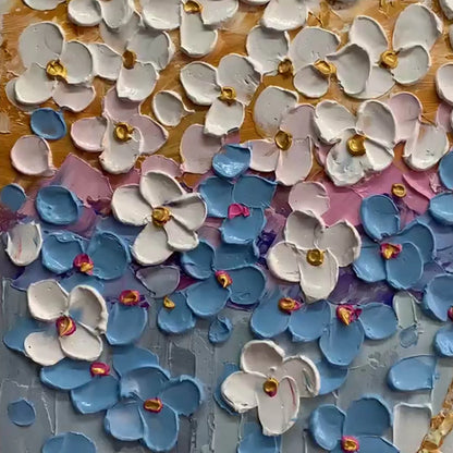 AZURE DREAM: Textured Floral Landscape Oil Painting in Blue, White, and Gold | rectangular format, hand-painted canvas edge