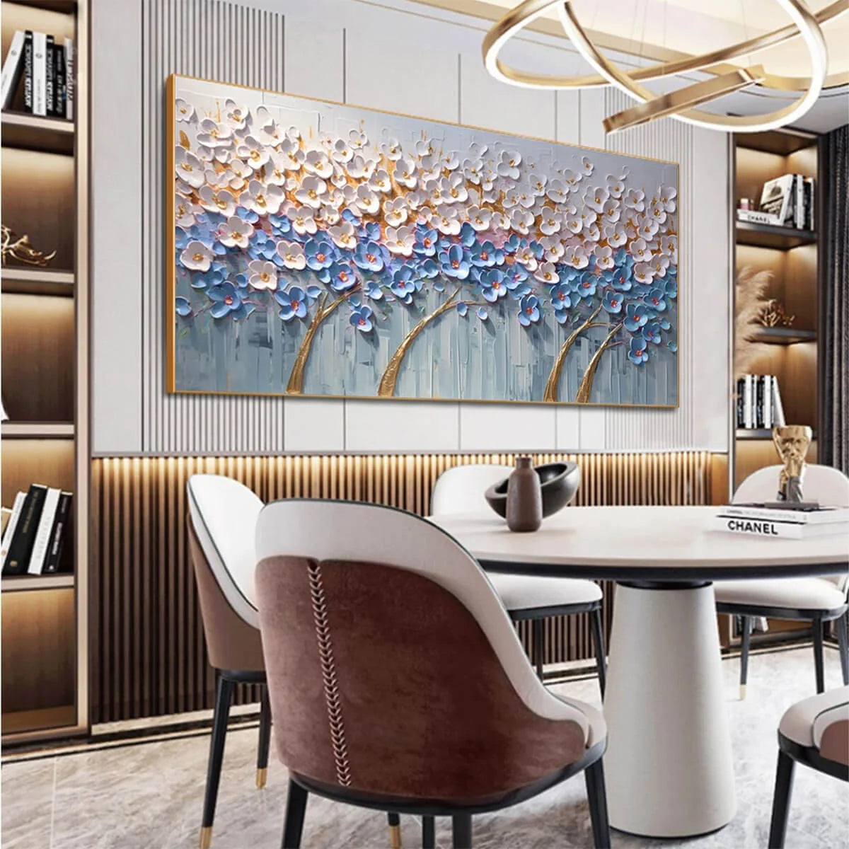 AZURE DREAM: Textured Floral Landscape Oil Painting in Blue, White, and Gold | gold frame stretched on neutral wall
