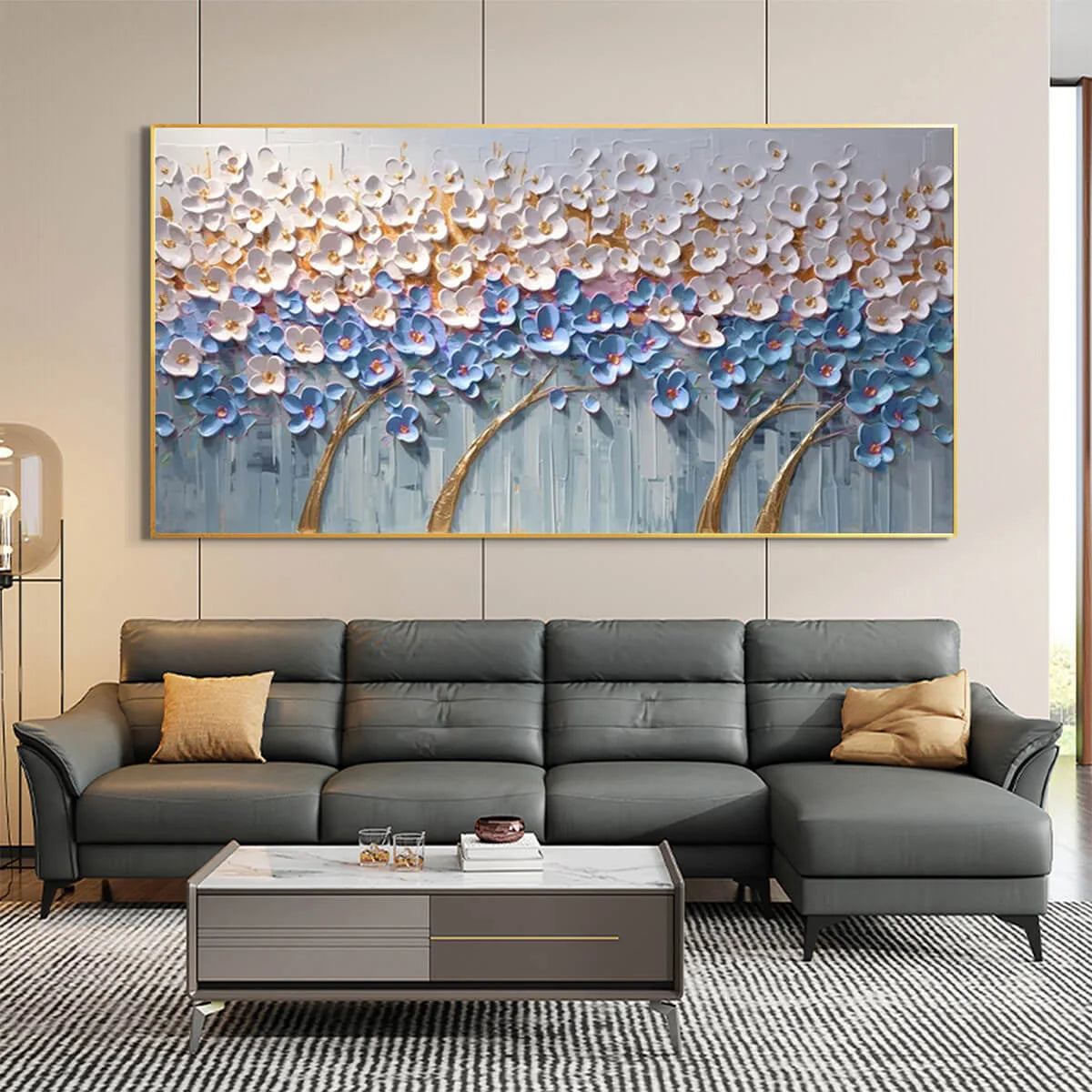 AZURE DREAM: Textured Floral Landscape Oil Painting in Blue, White, and Gold | black frame version on white wall