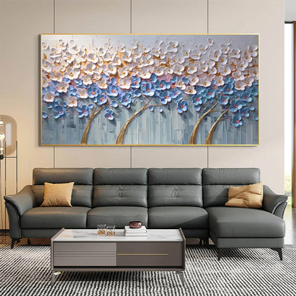 AZURE DREAM: Textured Floral Landscape Oil Painting in Blue, White, and Gold | black frame version on white wall
