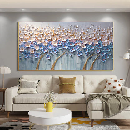 AZURE DREAM: Textured Floral Landscape Oil Painting in Blue, White, and Gold | Abstract mood, soft natural light studio shot