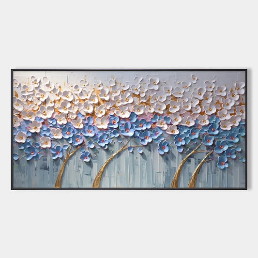 AZURE DREAM: Textured Floral Landscape Oil Painting in Blue, White, and Gold | hanging in Textured floral landscape oil painting in soft blue, white, and gold tones; combines painterly flora with a...