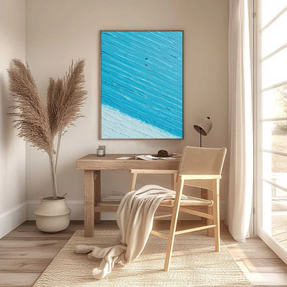 Azure Drift | Textured Abstract Beach Oil Painting Wall Art | gold frame stretched on neutral wall