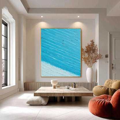 Azure Drift | Textured Abstract Beach Oil Painting Wall Art | black frame version on white wall