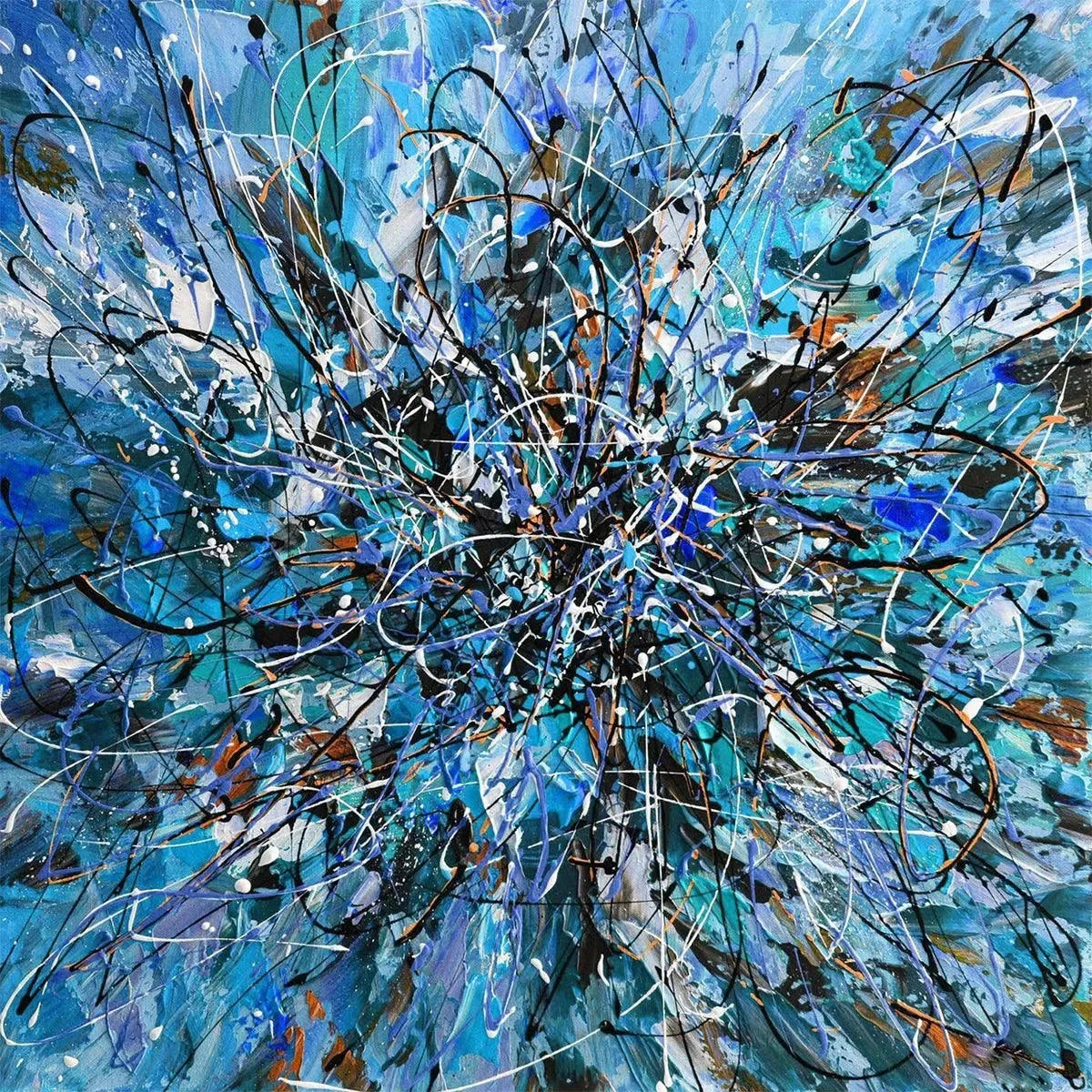 AZURE EXPLORATION: Abstract Blue and Black Oil Painting | rectangular format, hand-painted canvas edge