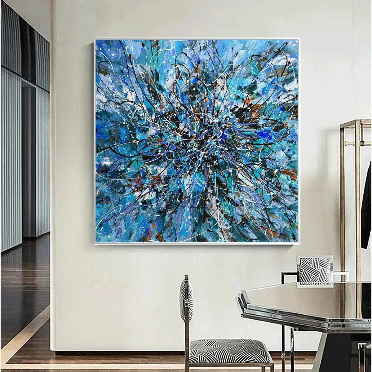 AZURE EXPLORATION: Abstract Blue and Black Oil Painting | gold frame stretched on neutral wall