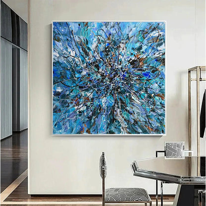 AZURE EXPLORATION: Abstract Blue and Black Oil Painting | gold frame stretched on neutral wall