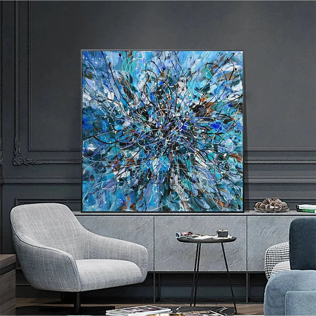 AZURE EXPLORATION: Abstract Blue and Black Oil Painting | black frame version on white wall