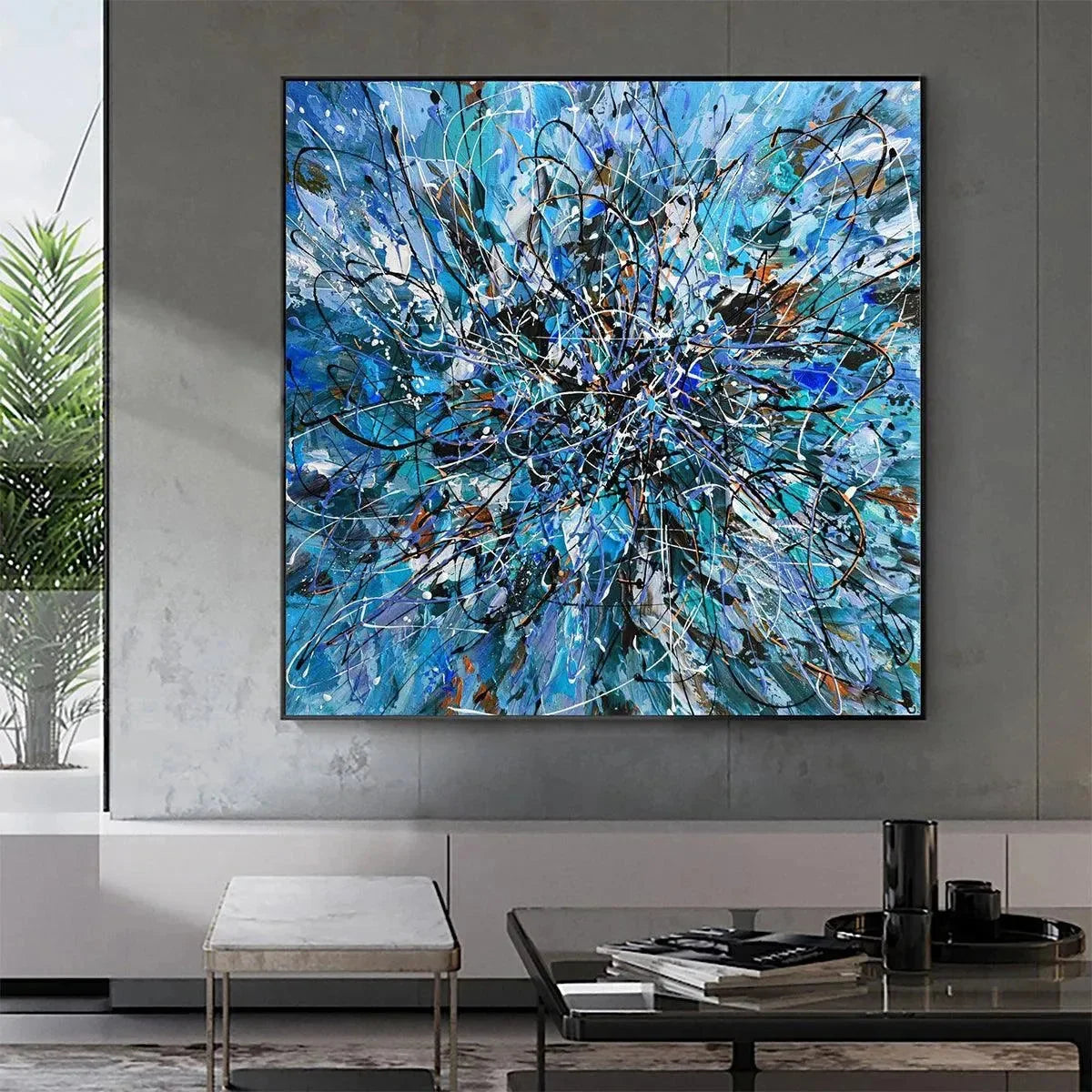 AZURE EXPLORATION: Abstract Blue and Black Oil Painting | Abstract mood, soft natural light studio shot