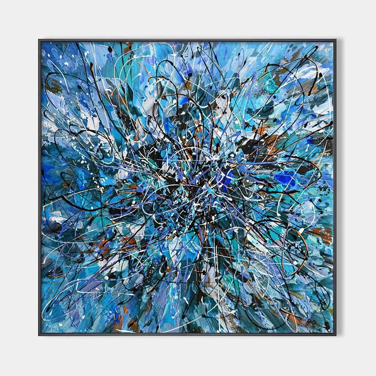 AZURE EXPLORATION: Abstract Blue and Black Oil Painting | hanging in Abstract oil painting in deep blue and black tones with metallic accents; layered textured brushwork creates moody, exploratory ...