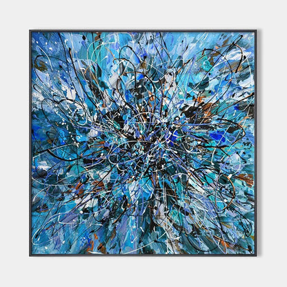AZURE EXPLORATION: Abstract Blue and Black Oil Painting | hanging in Abstract oil painting in deep blue and black tones with metallic accents; layered textured brushwork creates moody, exploratory ...