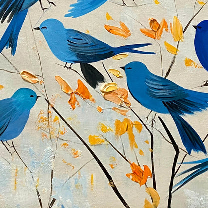AZURE FLIGHT: Blue Birds Painting Minimalist Nature Wall Art | Illustrative closeup, raised brushwork detail