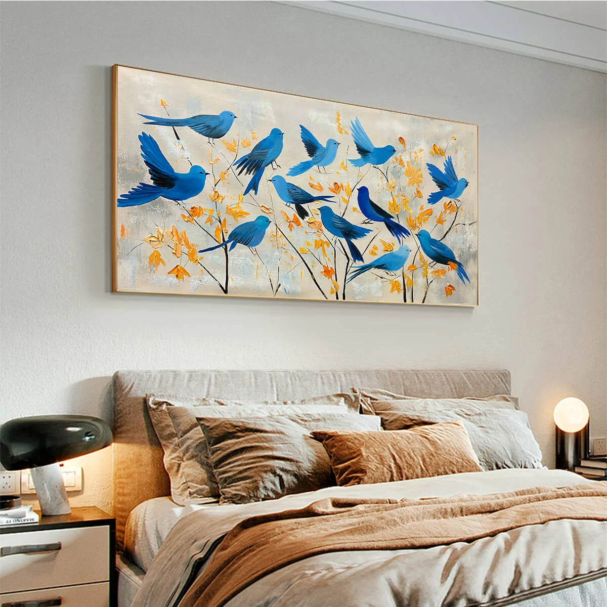 AZURE FLIGHT: Blue Birds Painting Minimalist Nature Wall Art | rectangular format, hand-painted canvas edge