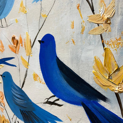 AZURE FLIGHT: Blue Birds Painting Minimalist Nature Wall Art | gold frame stretched on neutral wall