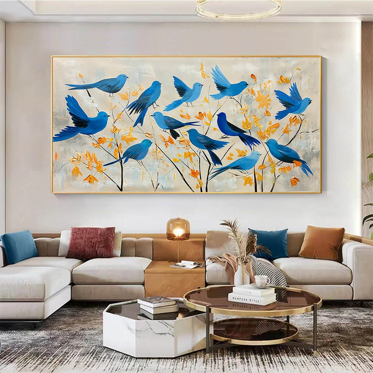 AZURE FLIGHT: Blue Birds Painting Minimalist Nature Wall Art | rolled canvas, ready for custom framing