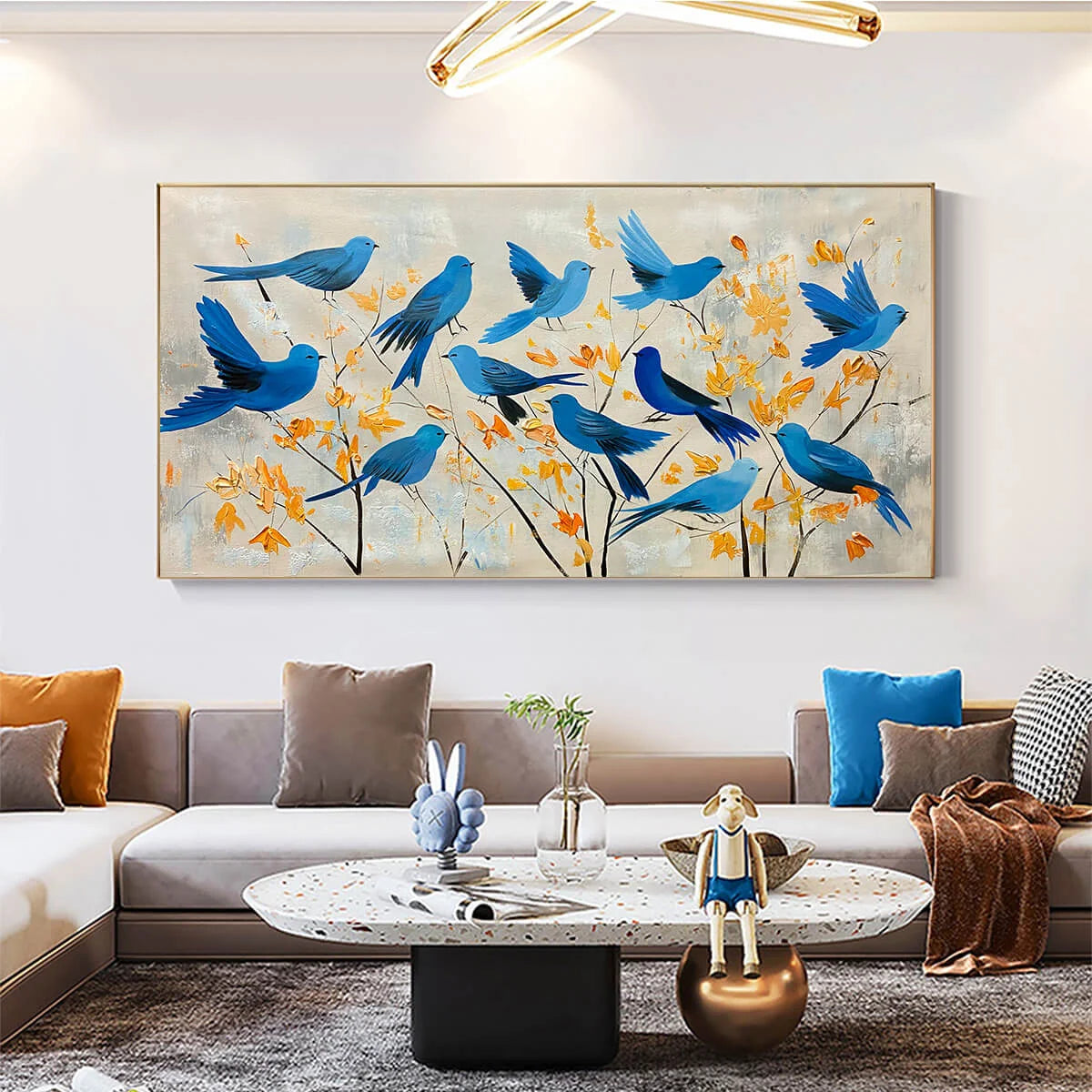 AZURE FLIGHT: Blue Birds Painting Minimalist Nature Wall Art | black frame version on white wall