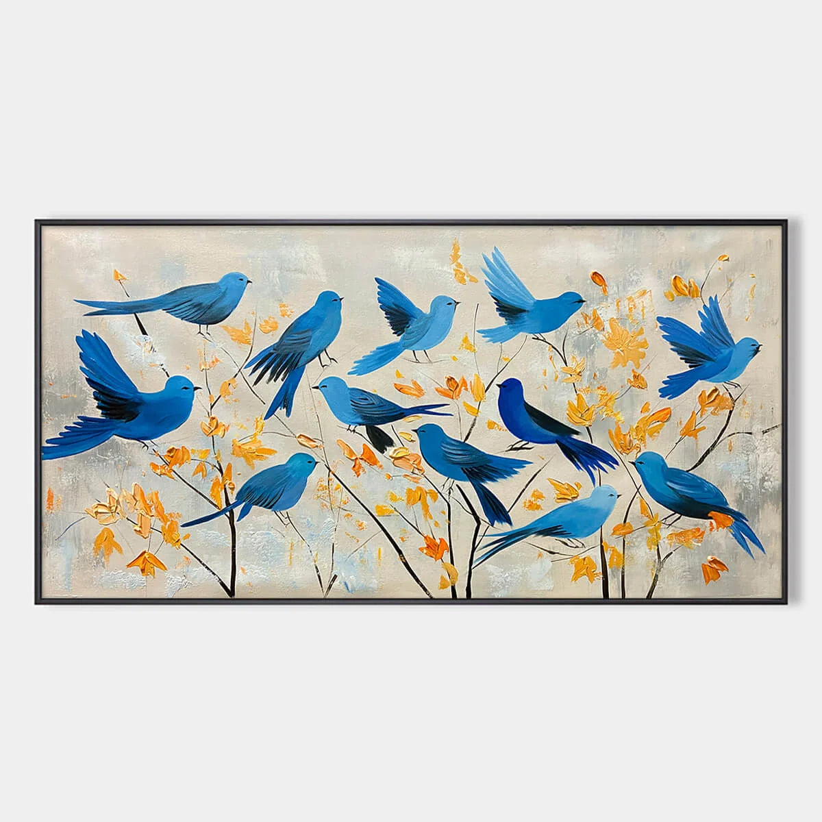 AZURE FLIGHT: Blue Birds Painting Minimalist Nature Wall Art | hanging in Minimalist oil painting of blue birds in flight, rendered in soft sky blue, white, and gold tones with delicate painterly b...