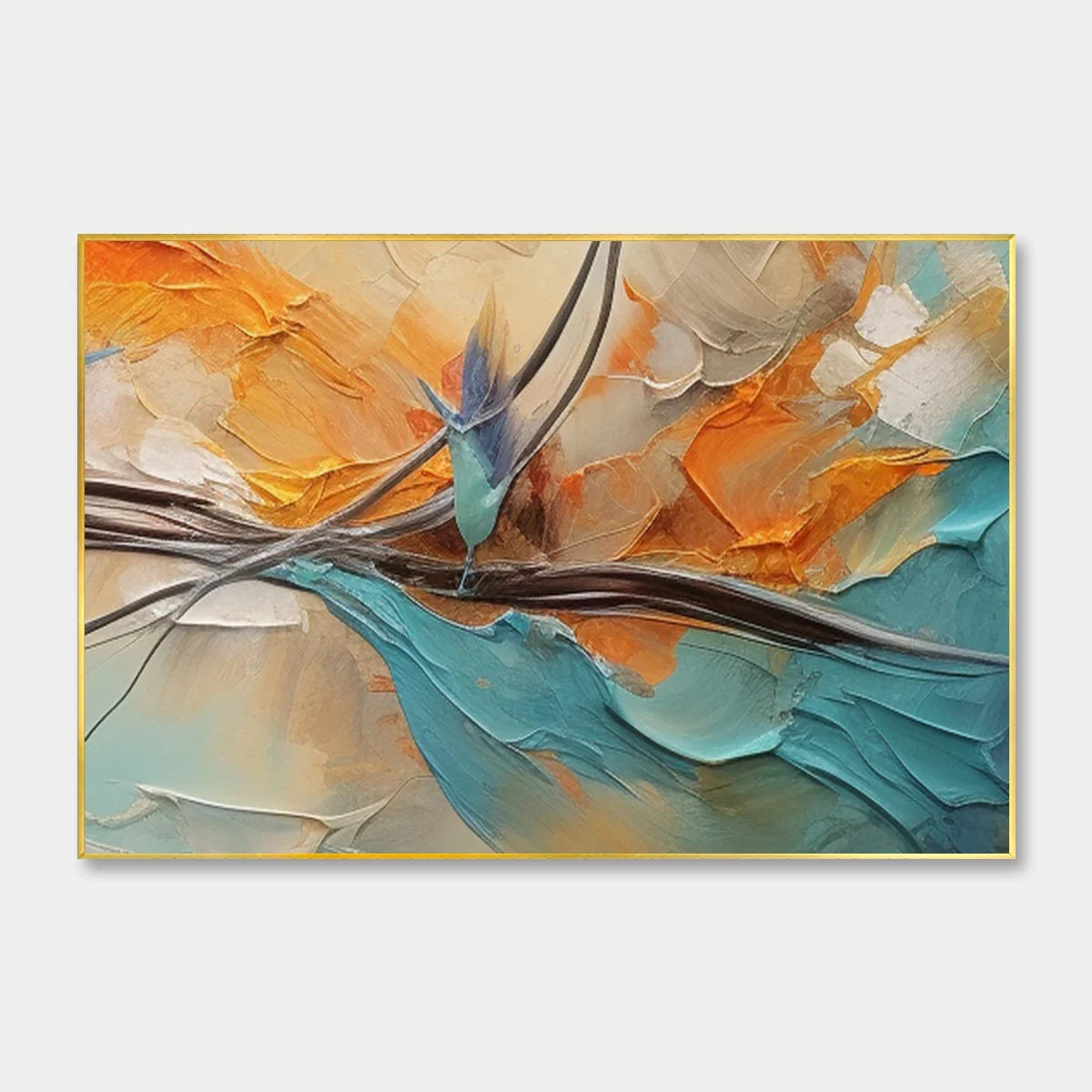 AZURE FLIGHT: Textured Abstract Oil Painting with Birds in Flight | hanging in Textured abstract oil painting of birds in flight against a soft blue and white coastal sky; thick palette-knife brush...