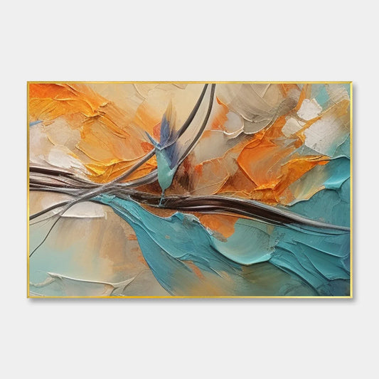 AZURE FLIGHT: Textured Abstract Oil Painting with Birds in Flight | hanging in Textured abstract oil painting of birds in flight against a soft blue and white coastal sky; thick palette-knife brush...