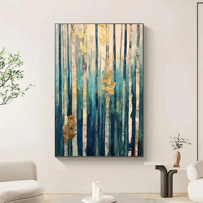 AZURE FOREST: Vertical Abstract Forest Oil Painting with Gold Leaf | Abstract closeup, raised brushwork detail