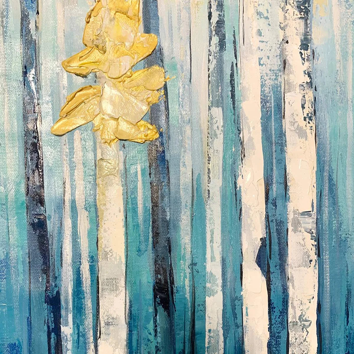 AZURE FOREST: Vertical Abstract Forest Oil Painting with Gold Leaf | rectangular format, hand-painted canvas edge