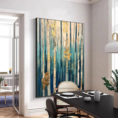 AZURE FOREST: Vertical Abstract Forest Oil Painting with Gold Leaf | gold frame stretched on neutral wall