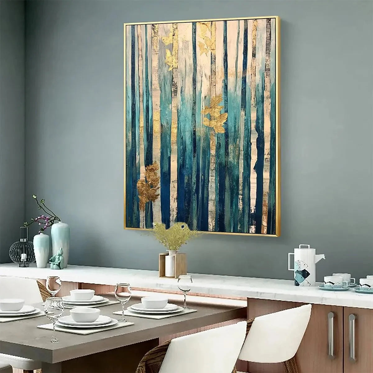 AZURE FOREST: Vertical Abstract Forest Oil Painting with Gold Leaf | rolled canvas, ready for custom framing