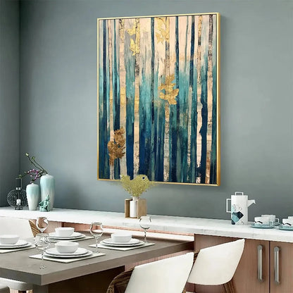 AZURE FOREST: Vertical Abstract Forest Oil Painting with Gold Leaf | rolled canvas, ready for custom framing
