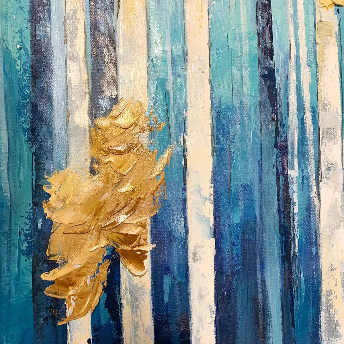 AZURE FOREST: Vertical Abstract Forest Oil Painting with Gold Leaf | black frame version on white wall