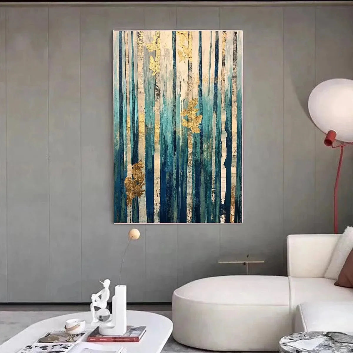 AZURE FOREST: Vertical Abstract Forest Oil Painting with Gold Leaf | Abstract mood, soft natural light studio shot