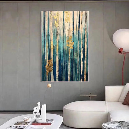 AZURE FOREST: Vertical Abstract Forest Oil Painting with Gold Leaf | Abstract mood, soft natural light studio shot