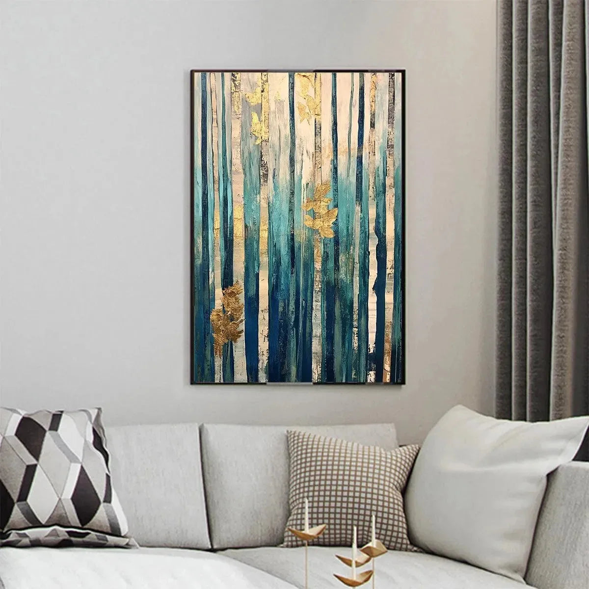 AZURE FOREST: Vertical Abstract Forest Oil Painting with Gold Leaf | green palette, original Hand-painted on tall narrow stretched canvas with artist-grade oils; rich layered surface combines palet...