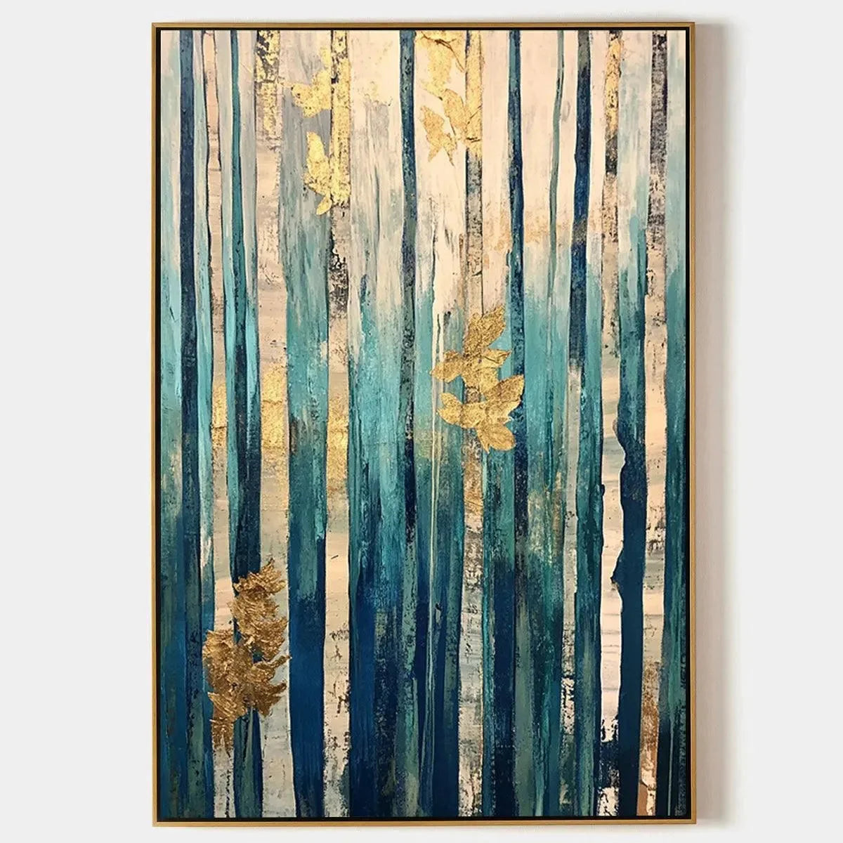 AZURE FOREST: Vertical Abstract Forest Oil Painting with Gold Leaf | hanging in Vertical abstract forest oil painting in deep blue, green, and metallic gold tones with delicate gold leaf accents an...