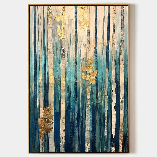 AZURE FOREST: Vertical Abstract Forest Oil Painting with Gold Leaf | hanging in Vertical abstract forest oil painting in deep blue, green, and metallic gold tones with delicate gold leaf accents an...