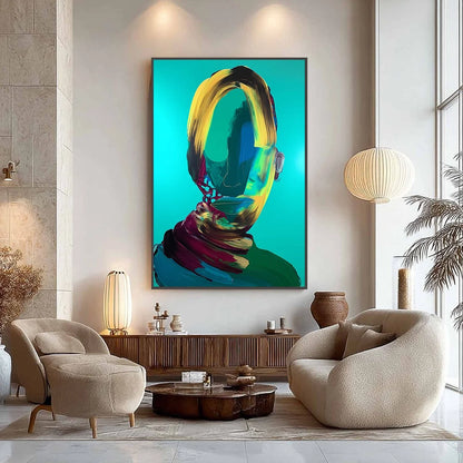 AZURE GAZE: Textured Abstract Portrait Oil Painting | rectangular format, hand-painted canvas edge