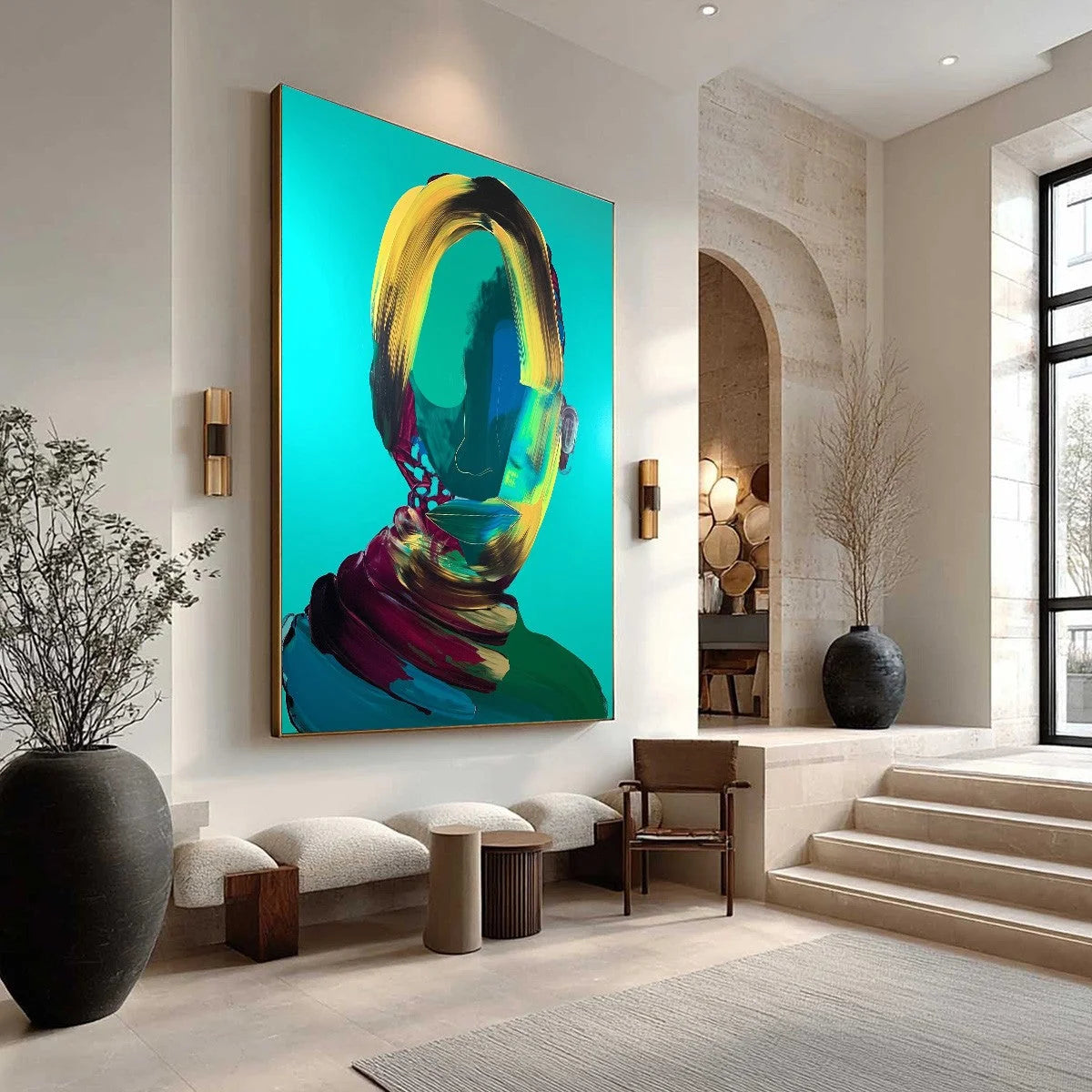 AZURE GAZE: Textured Abstract Portrait Oil Painting | black frame version on white wall