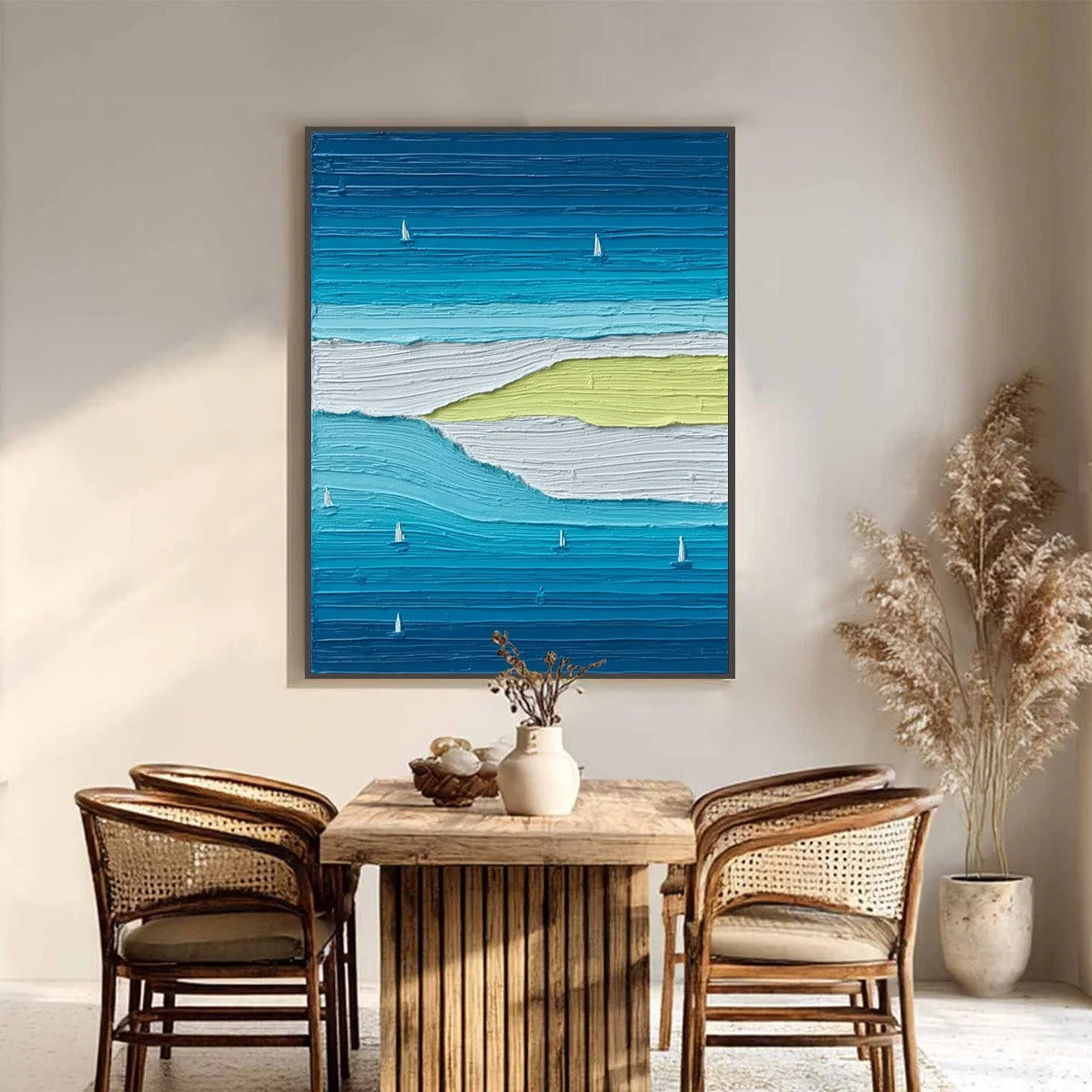 Azure Horizon Textured Seascape Oil Painting | Coastal Wall Art | Abstract closeup, raised brushwork detail